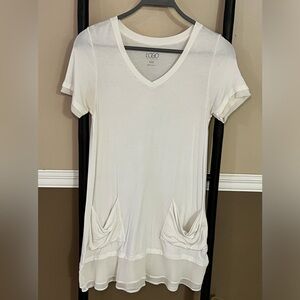 🤩LOGO Cream Colored Tunic Length With Front Draped Pockets and Chiffon Trim